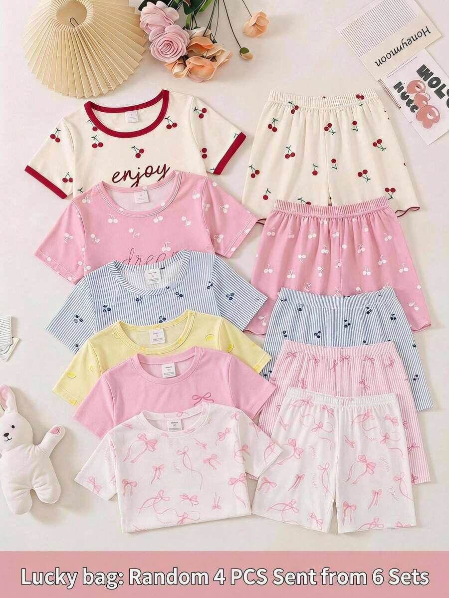 SHEIN Tween女孩休閒極簡修身舒適圓領短袖長褲家居服套裝,適合春夏,貼身剪裁,4件/套,甜美可愛愛心印花與蝴蝶結莓果印花,粉色兒童家居服套裝 - 粉色 - 查看 1