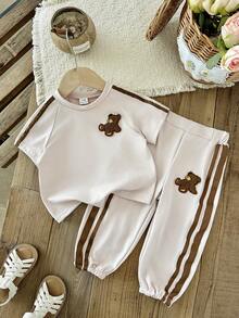 SHEIN 女嬰 2件/套 春季女童休閒運動日常風格寬鬆刺繡裝飾套裝，短澎澎袖圓領上衣&條紋裝飾長褲，舒適衣著適合戶外活動 - 卡其色 - 查看 4