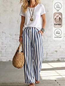 Omancia Women's Spring/Summer Cotton Blend Striped Loose Versatile Long Pants, Suitable For Travel, Home And Outdoor - Blue and White - View 1