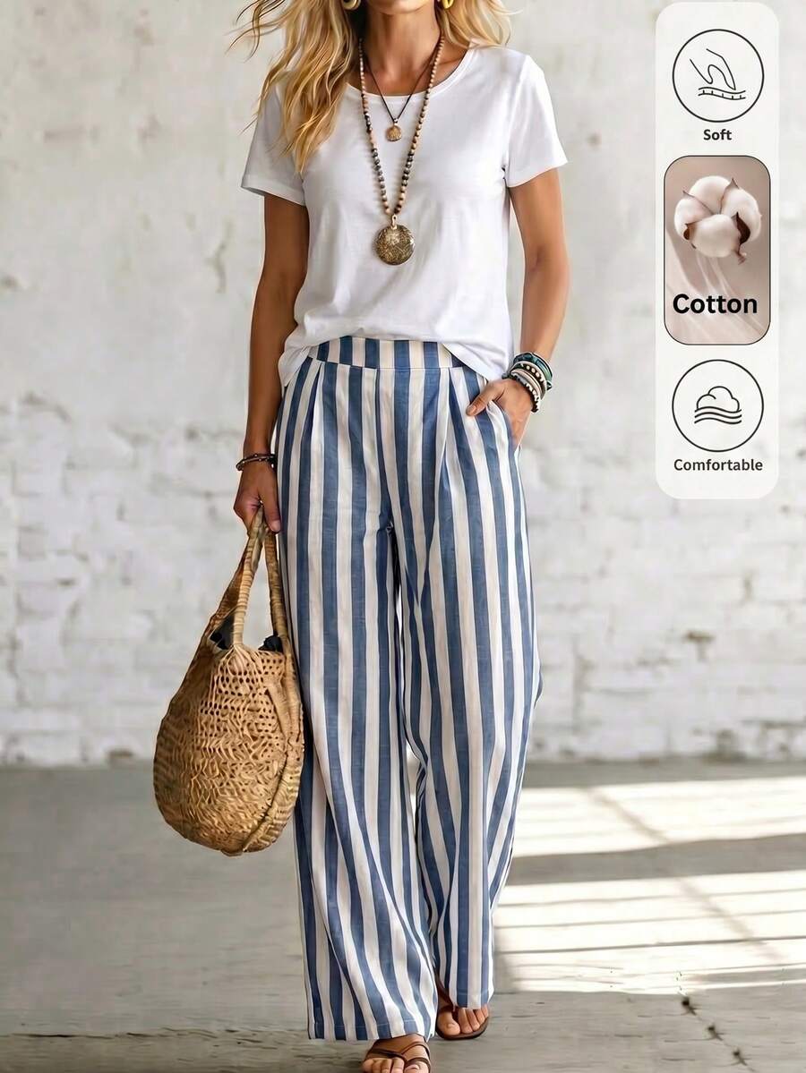 Omancia Women's Spring/Summer Cotton Blend Striped Loose Versatile Long Pants, Suitable For Travel, Home And Outdoor - Blue and White - View 1