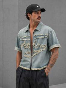 Manfinity RebelGame Men's Washed Applique Embroidery Fashionable Jacket - Blue - View 1
