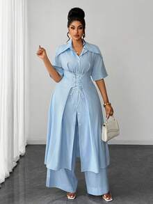 Maweii Conjunto de 2 piezas para mujer talla grande con rayas finas azul & blanco (camisa larga + pantalones de pierna ancha), estilo casual para ir al trabajo, cuello de solapa, fruncido con cordón, cierre elegante de botones de una sola - Azul y blanco - Ver 4