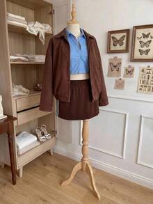 Comfortcana Damen Große Größen Lässig Vintage Amerikanischer Sportlicher Stil Seitenstreifen Braun Strickrock, Elastischer Bund Rock - Braun - Übersicht 6