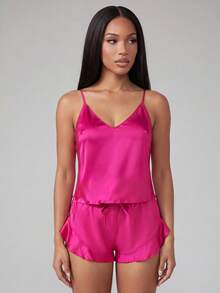 Silforma Women Satin Camisole & Shorts Pajama Set - Hot Pink - View 4