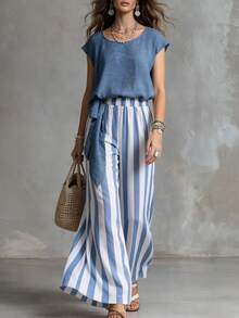 Solivie 女款素色圓領腰部綁帶襯衫與條紋長褲休閒兩件套 - 彩色 - 查看 6