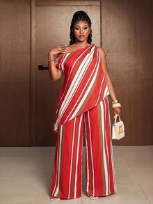 Maweii Plus Size Women's Spring/Summer New Casual Elegant Vacation Red One-Shoulder Asymmetrical Hem Top Shirt Waist-Cinching Straight Leg Pants 2-Piece Set - Multicolor - View 5