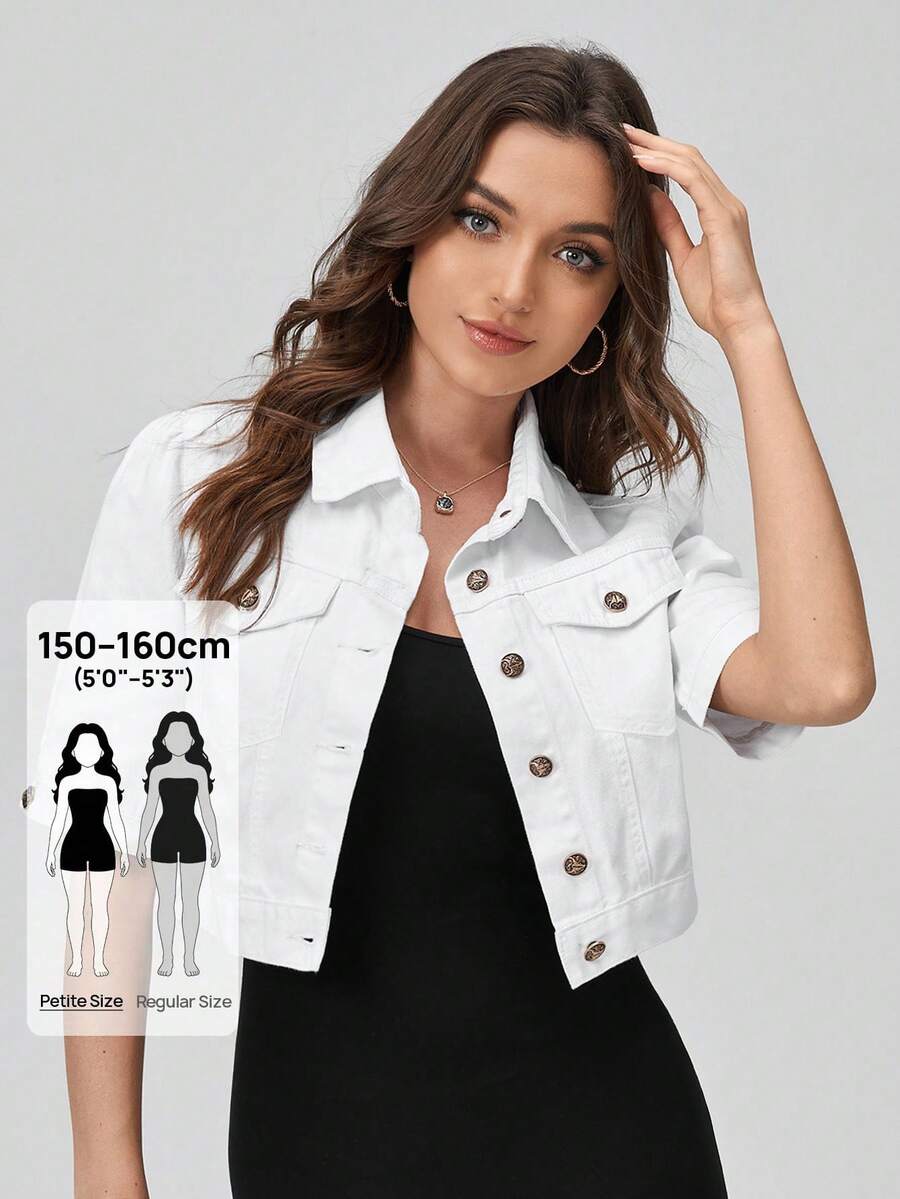 SHEIN PETITE 女款素色前扣休閒短袖牛仔外套 - 白色 - 查看 1