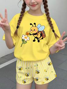 Tween Girl Tween Girl Casual Minimalist Cartoon Graphic Short Sleeve Top And Shorts 2 Pieces Set, Suitable For Summer - Multicolor - View 2