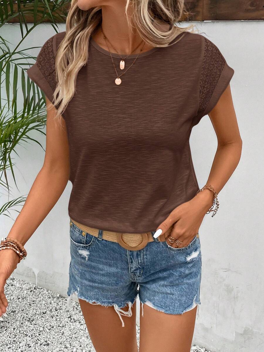 SHEIN Frenchy Women's Solid Color Round Neck Casual Versatile Daily Wear T-Shirt Everyday Coffee Brown Summer - Coffee Brown - View 1