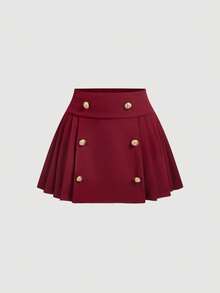 SHEIN MOD Falda plisada con diseño de botones metálicos para mujer - Burdeos - Ver 5