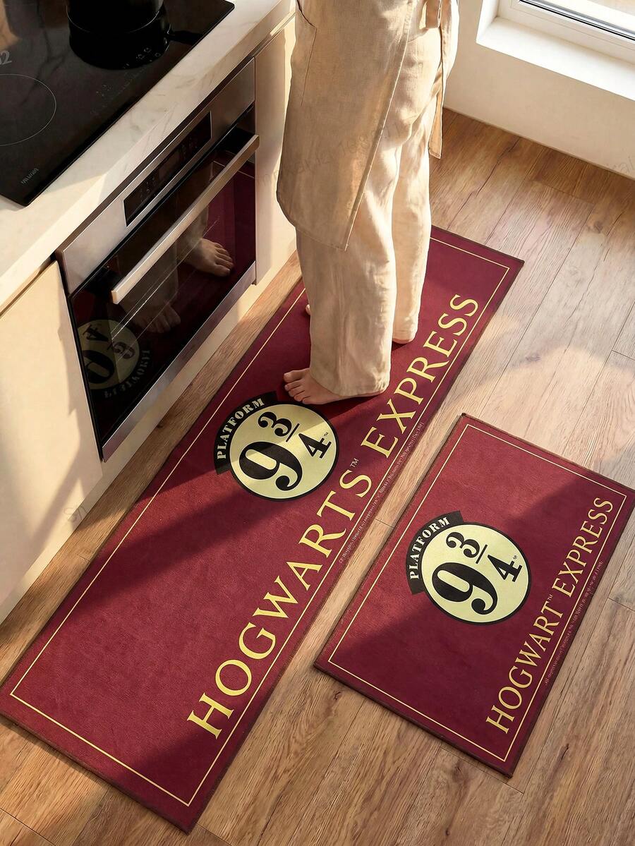 HARRY POTTER X SHEIN A Rubber Kitchen Long Carpet, Cartoon Printing Pattern, Nordic Light Luxury High-End Style Kitchen Mat, Long Running Carpet Laundry Carpet, The Fabric Is Thick And Foot-Feeling, Easy To Take Care Of, Machine Washable And Washable, Practical Entrance - Red - View 1