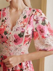Anewsta Summer Floral Print Lace Trim Waist Cinched A-Line Elegant Ladies Short Dress - Pink - View 3