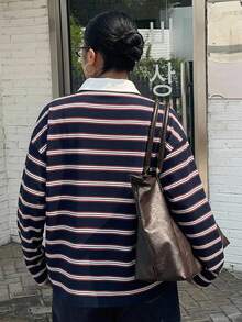 Dazy Plus 寬鬆街頭風拼色條紋 Polo 領長袖大尺碼女款 T 恤，秋季校園風 - 巧克力棕 - 查看 3