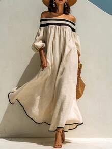 SHEIN Tall Women's Striped Off-Shoulder Lantern Sleeve Loose Fit Vacation Dress - Khaki - View 1