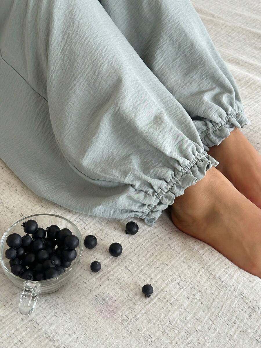 Dazy Plus 純色休閒彈性腰頭與下擺荷葉邊居家褲,春夏秋睡褲下身 - 綠色 - 查看 1