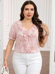 Reflora Plus Size French Vacation Floral Print Ruffle Tie-Front Blouse - Multicolor - View 5