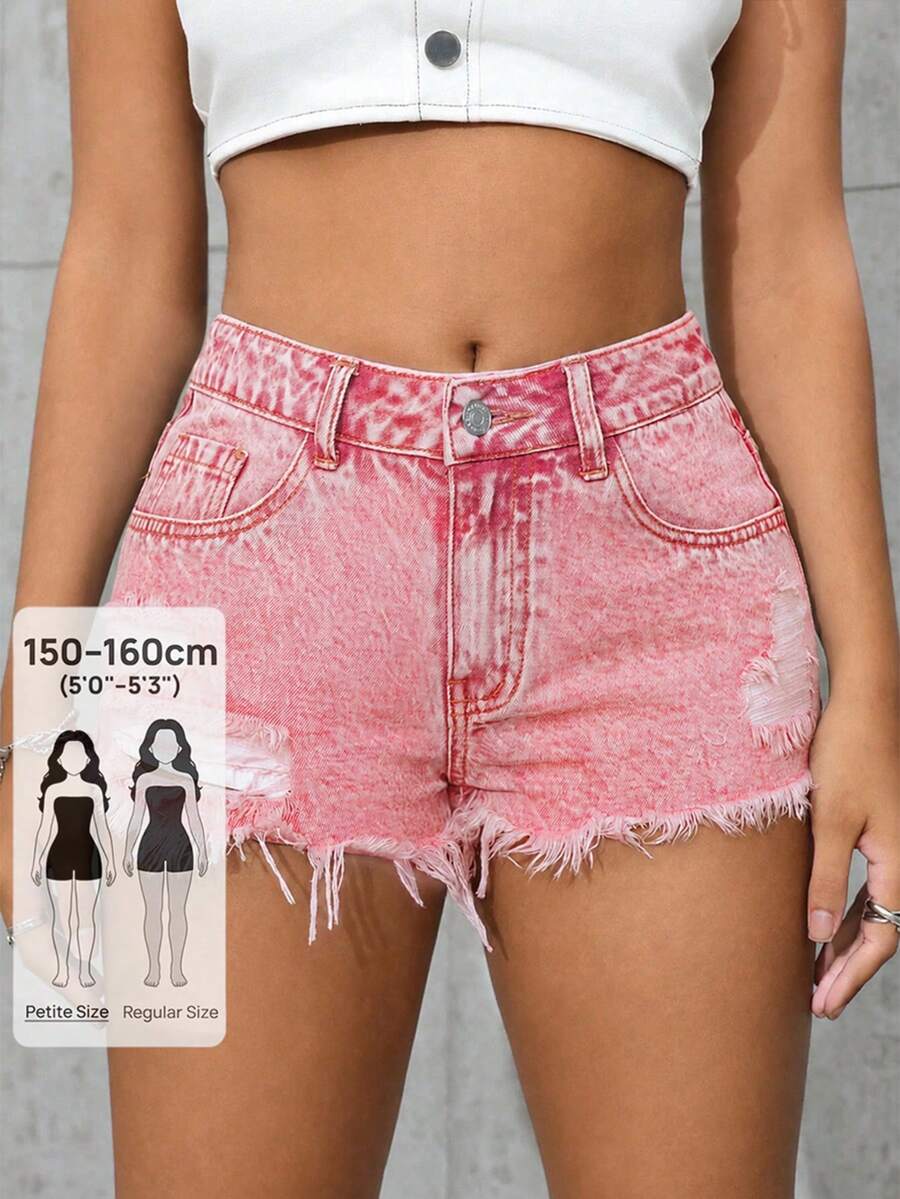 SHEIN PETITE 女款口袋磨損原色毛邊牛仔短褲 - 粉色 - 查看 1