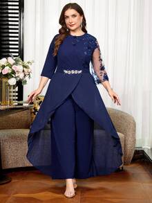 Reflora Mono elegante de fiesta talla grande con decoración floral 3D y patchwork de malla - Azul - Ver 7