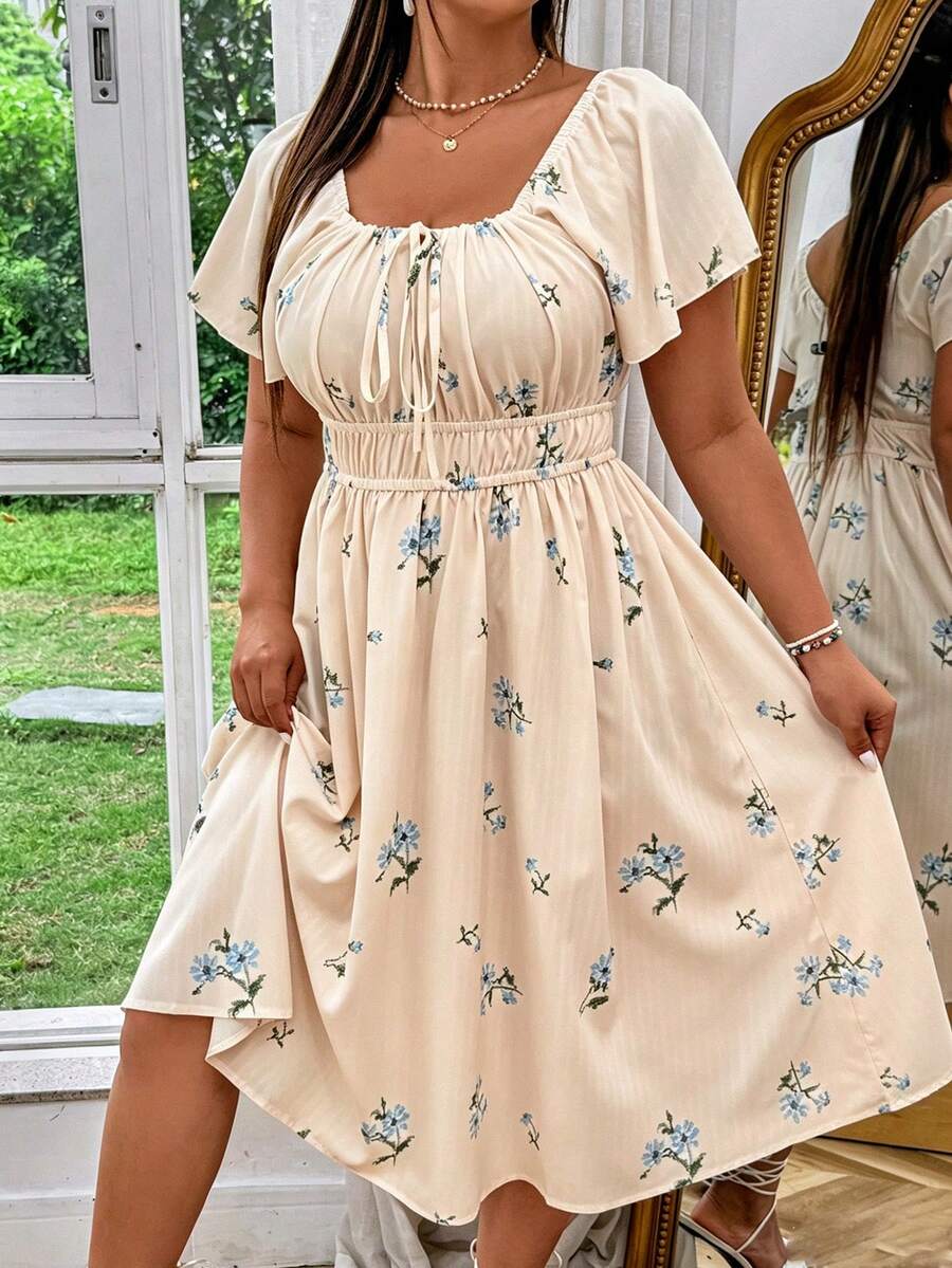 SHEIN MOOSTA Gaun Liburan Kasual Motif Bunga Ukuran Besar - Khaki - View 1