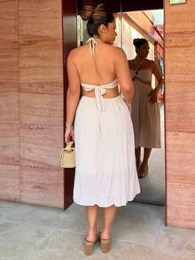 Maria Perezxox Vacation Casual Solid Color Backless Halter Neck Dress Party Elegant Summer - Apricot - View 2