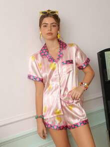 Chillnights Young Fashion Vibrant Fun Polka Dot & Wavy Stripe Lemon Slice Print Satin Lapel Button-Front Women's Pajama Set - Multicolor - View 5