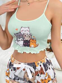 DUSKBASE Top de pijama para mujer con estampado de gato de dibujos animados lindo estilo Y2K - Multicolor - Ver 3