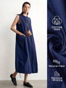 Aalyst Gaun Tanpa Lengan Minimalis Kasual Serbaguna untuk Wanita, Warna Polos, Resleting Depan, Tali Serut, Cocok untuk Liburan Musim Panas Warna Biru Tua - Navy Blue - View 3