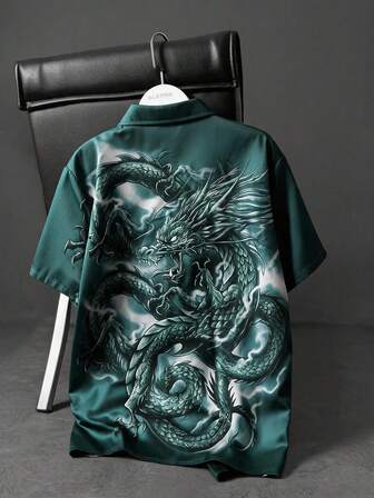 Street Life Herren Drachen-Muster Kurzarm Einreiher Lässig Hemd