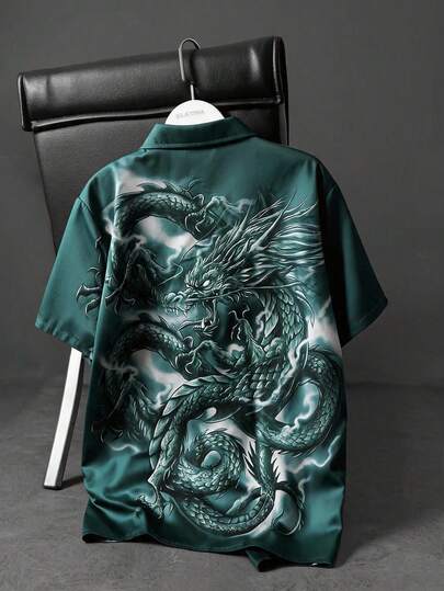 Street Life Camisa casual de manga corta con estampado de dragón y abotonadura sencilla para hombre