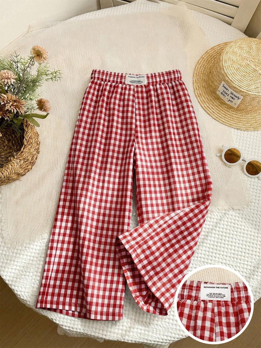 SHEIN LMoss Young Girl Woven Plaid Loose Casual Pants - Red - View 1