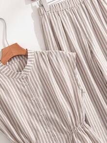 Rusticease 2pcs/Set Women's Round Neck Solid Color Sleeveless Top And Pink And White Striped Pants Casual Vacation Outfit Brunch Summer - Khaki - View 6