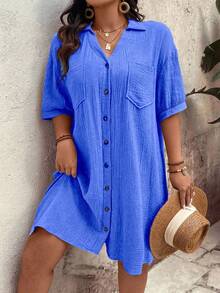 SHEIN CURVE+ Elegantes lässiges Damen-Hemdkleid in Große Größen aus reiner Baumwolle, einfarbig gewebt, mit Knopfleiste, Drop-Shoulder, Puffärmeln, Taschen, V-Ausschnitt und Revers, mittellang für den Sommer - Königsblau - Übersicht 8