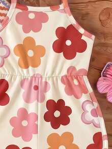 SHEIN 3件組女嬰夏季新款柔軟面料花卉與條紋印花細肩帶圓領休閒連身褲，可愛百搭時尚 - 彩色 - 查看 4