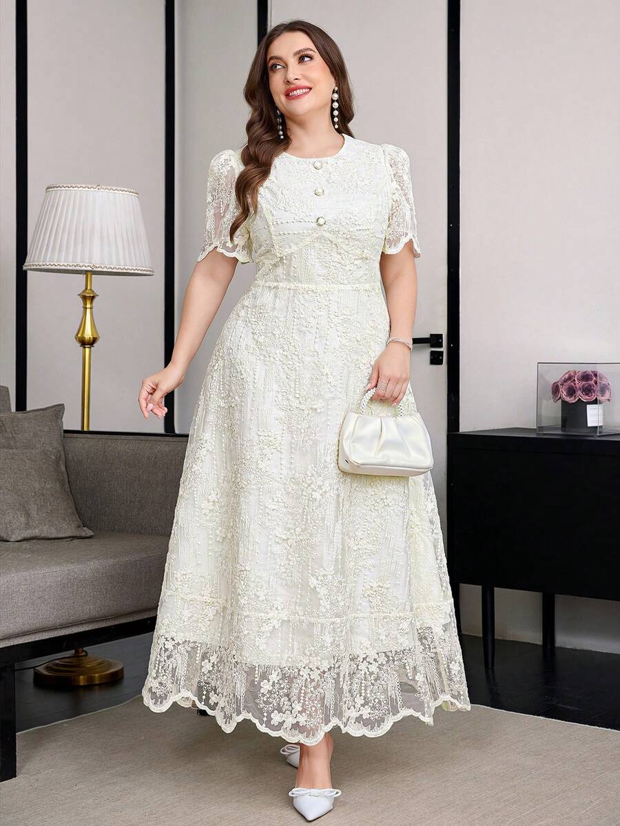 Reflora Vestido de encaje de unicolor elegante de verano para tallas grandes - Albaricoque - Ver 1