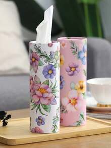 Spring Floral Round Car Tissue Box, Cylindrical Tissue Canister Fits Vehicle Cup Holder, Portable Travel Facial Tissue Storage Container For Car Office Bathroom Kitchen Wedding Birthday Holiday Party Home Decor - Multicolor - View 2
