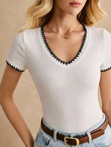 Poéselle Women's Contrast Trim V-Neck Fitted Short Sleeve T-Shirt Suitable For Summer - White - View 3