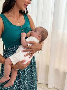 SHEIN Maternidad Vestido con estampado floral con botón delantero amamantamiento - Verde - Ver 10