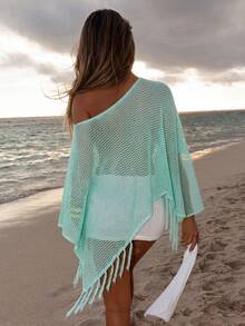 Bonvoyette Women's Elegant Blue Round Neck Knit Pullover Cover-Up With Tassels For Summer Vacation - Blue - View 1