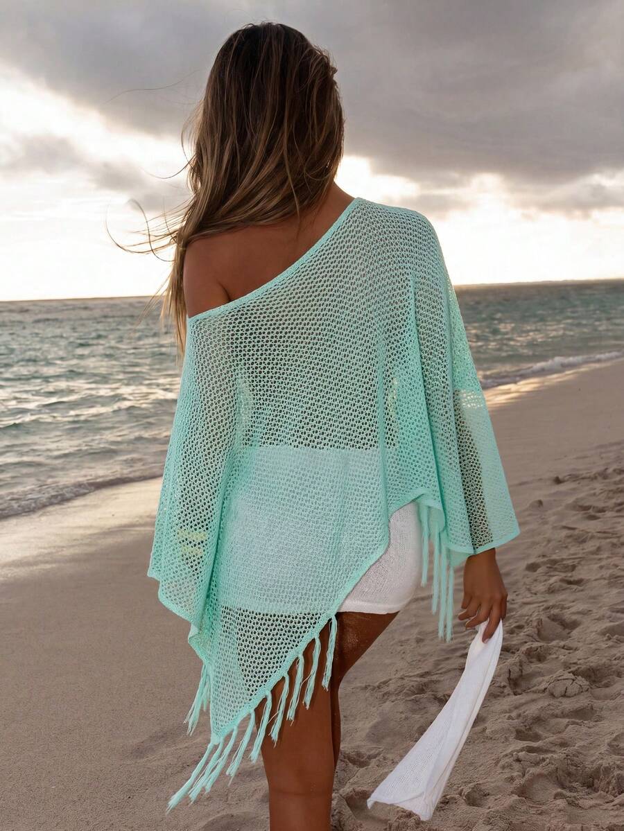 Bonvoyette Women's Elegant Blue Round Neck Knit Pullover Cover-Up With Tassels For Summer Vacation - Blue - View 1