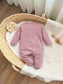 SHEIN Newborn Baby Boy/Girl Baby Girl 1pc Fall Outfits Long Sleeve Round Neck Bow Letter Embroidery Jumpsuit - Pink - View 3