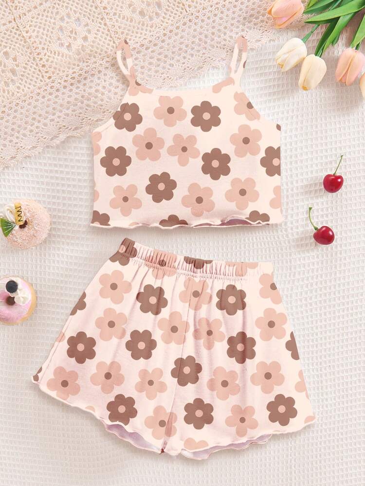 Tween Girl Casual Minimalist Cartoon Print Fitted Camisole Top & Shorts Set, Summer Loungewear - Multicolor - View 2