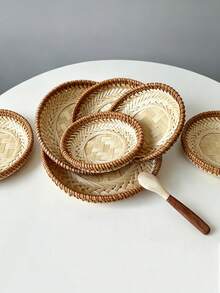 Haus Hana 1pc Handmade Round Woven Tray, Bamboo & Rattan Storage Basket For Coffee Table, Nightstand & Shelf Decor - Multicolor - View 3