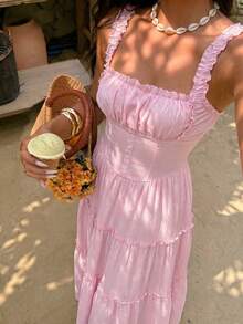 Sunnyshic Vestido de mujer blanco con tirantes finos, fruncido, de corte A y talla grande, romántico, elegante y de moda para vacaciones en la playa, salidas, citas, cumpleaños, bodas, primavera/verano - Rosa - Ver 4