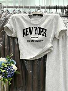 Lalippa Summer Fashion Casual, Letter New York Print Set, Brooklyn Print T-Shirt Set. Suitable For Daily And Sports Wear Women's Two Pieces Set - Grey - View 5