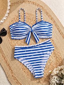 Swim Lushoire 春夏流行女款性感波點印花設計度假網紅風沙灘比基尼套裝 - 藍色 - 查看 7