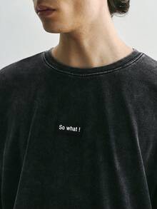 Sonviro 黑色休闲简约水洗效果T恤，带有“So What”字母补丁，适合夏季，朋友礼物 - 黑色 - 查看 3