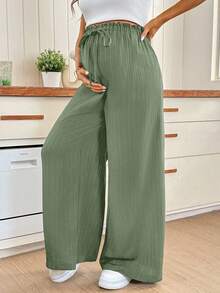 SHEIN 孕婦純色可調腰圍休閒百搭日常穿著寬腿褲 - 綠色 - 查看 3