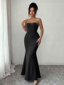 Elenzga 1 Urban Fashion Elegant Vacation New Style Women's Summer Outfit Light Blue Pearl Rhinestone Strapless Mermaid Long Dress Suitable For Daily Wear, Wedding, Evening Party, Daily Commute, Graduation Party, Holiday Events, Vacation, Date, Easter, Party, Halloween, Christmas, New Year, Thanksgiving, Wedding - Black - View 6