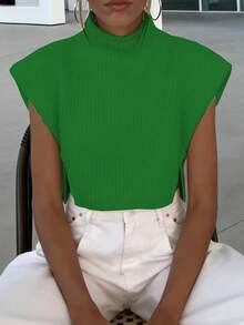 EMERY ROSE Top de punto corto de unicolor con cuello alto y hombros anchos para mujer - Verde - Ver 3