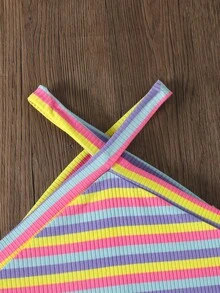 SHEIN Tween Girl 針織條紋無袖套頭上衣與寬鬆針織短褲休閒兩件套，Y2K 時尚個性款 - 彩色 - 查看 3